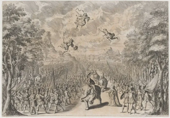 Framed Print : An army marching through a field; soldiers on foot at left and right, while others ride el... 1678. Creator: Mathaus Küsel Framed Print : An army marching through a field; soldiers on foot at left and right, while others ride el... 1678. Creator: Mathaus Küsel
