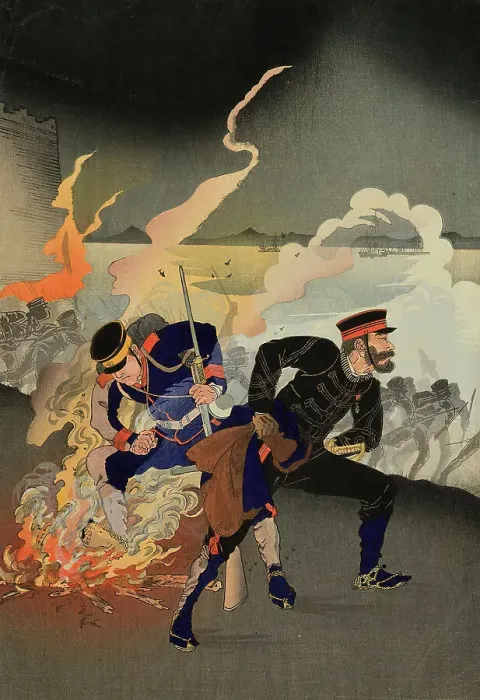 Framed Print : The Army and Navy Attack and Capture Weihaiwei (Ikaiei rikukaigun kogeki senryo zu), Japan, 1895. Creator: Kobayashi Ikuhide Framed Print : The Army and Navy Attack and Capture Weihaiwei (Ikaiei rikukaigun kogeki senryo zu), Japan, 1895. Creator: Kobayashi Ikuhide