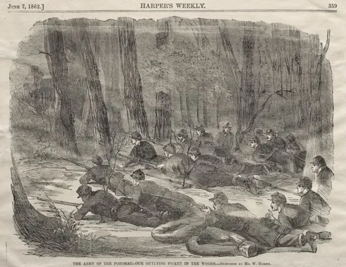Framed Print : The Army of the Potomac - Our Outlying Picket in the Woods, 1862. Creator: Winslow Homer (American Framed Print : The Army of the Potomac - Our Outlying Picket in the Woods, 1862. Creator: Winslow Homer (American