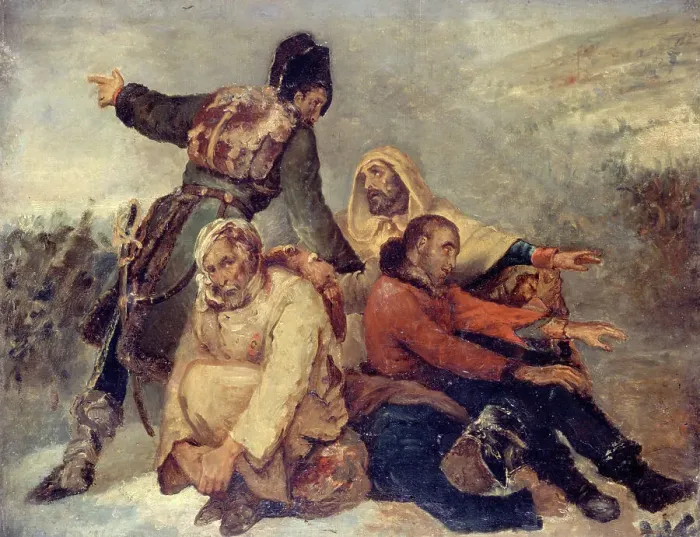 Framed Print : Four army soldiers confused, c1826. Creator: Ary Scheffer