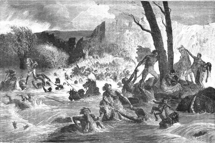 Framed Print : Army of Theodore overtaken by a flood crossing the Bashilo; A journey through Soudan... 1875. Creator: Unknown Framed Print : Army of Theodore overtaken by a flood crossing the Bashilo; A journey through Soudan... 1875. Creator: Unknown