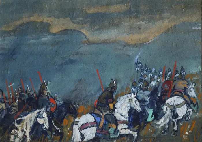 Framed Print : Army of Tsar Dodon. Illustration for the fairy tale The Golden Cockerel by A. Pushkin. Artist: Malyutin, Sergei Vasilyevich (1859-1937) Framed Print : Army of Tsar Dodon. Illustration for the fairy tale The Golden Cockerel by A. Pushkin. Artist: Malyutin, Sergei Vasilyevich (1859-1937)