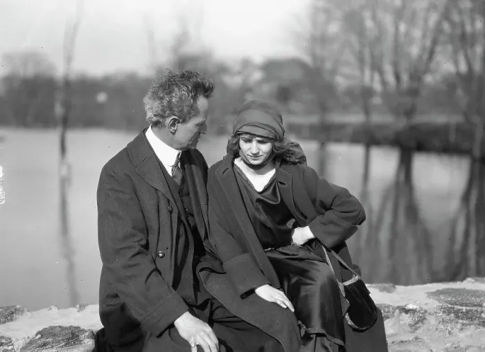 Framed Print : Arnold Genthe seated outdoors with a woman friend, between 1896 and 1942. Creator: Arnold Genthe Framed Print : Arnold Genthe seated outdoors with a woman friend, between 1896 and 1942. Creator: Arnold Genthe
