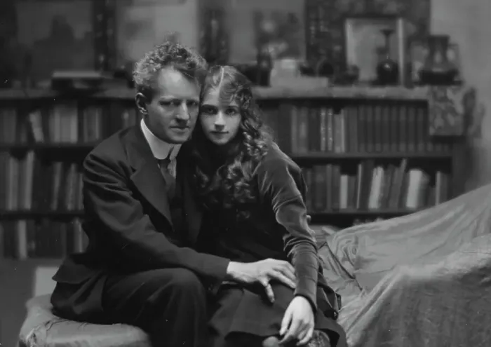 Framed Print : Arnold Genthe seated next to a woman friend in his studio in San Francisco, between 1896 and 1911. Creator: Arnold Genthe Framed Print : Arnold Genthe seated next to a woman friend in his studio in San Francisco, between 1896 and 1911. Creator: Arnold Genthe