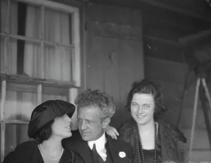 Framed Print : Arnold Genthe with two women friends on the porch of his bungalow in Long Beach, N.Y. c1911-c1942. Creator: Arnold Genthe Framed Print : Arnold Genthe with two women friends on the porch of his bungalow in Long Beach, N.Y. c1911-c1942. Creator: Arnold Genthe