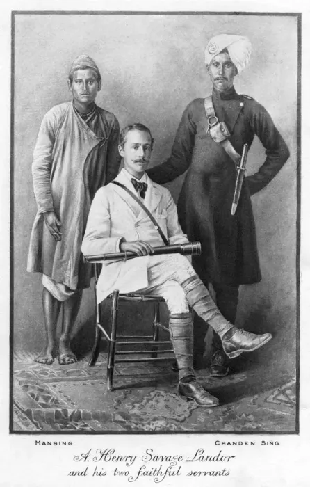 Framed Print : Arnold Henry Savage Landor (1865-1924) and his two faithful servants, 1898 Framed Print : Arnold Henry Savage Landor (1865-1924) and his two faithful servants, 1898
