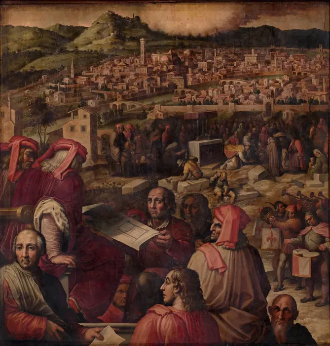 Framed Print : Arnolfo di Cambio shows the plan to enlarge Florence, 1563-1565. Artist: Vasari, Giorgio (1511-1574)