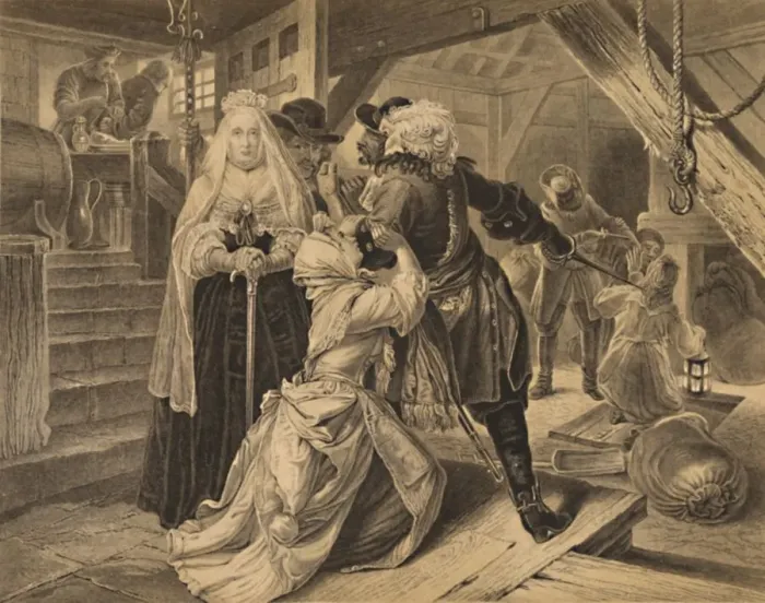 Framed Print : Arrest of Alice Lisle for sheltering fugitives from the Battle of Sedgemoor, 1685, 1886. Artist: Charles Lawrie Framed Print : Arrest of Alice Lisle for sheltering fugitives from the Battle of Sedgemoor, 1685, 1886. Artist: Charles Lawrie