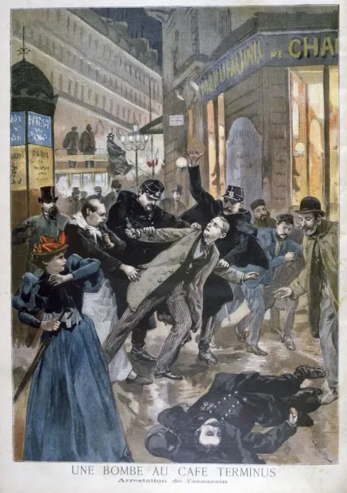 Framed Print : Arrest of the Cafe Terminus bomber, Paris, 1894. Artist: Oswaldo Tofani Framed Print : Arrest of the Cafe Terminus bomber, Paris, 1894. Artist: Oswaldo Tofani