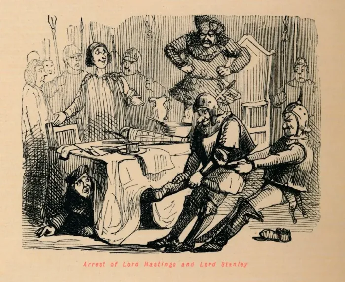Framed Print : Arrest of Lord Hastings and Lord Stanley. Artist: John Leech Framed Print : Arrest of Lord Hastings and Lord Stanley. Artist: John Leech