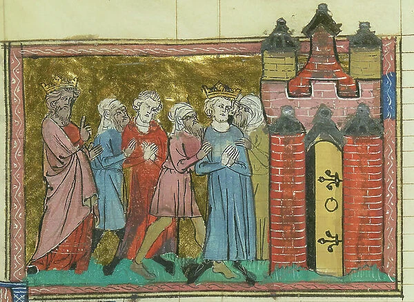 Arrest of Louis IX (From 'Li rommans de Godefroy de Buillon et de Salehadin'), 1337. Creator: Maître de Fauvel (active 1314-1340). Arrest of Louis IX (From 'Li rommans de Godefroy de Buillon et de Salehadin'), 1337