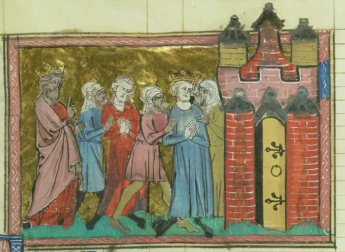 Framed Print : Arrest of Louis IX (From Li rommans de Godefroy de Buillon et de Salehadin'), 1337. Creator: Maître de Fauvel (active 1314-1340). Arrest of Louis IX (From Li rommans de Godefroy de Buillon et de Salehadin'), 1337 Framed Print : Arrest of Louis IX (From Li rommans de Godefroy de Buillon et de Salehadin'), 1337. Creator: Maître de Fauvel (active 1314-1340). Arrest of Louis IX (From Li rommans de Godefroy de Buillon et de Salehadin'), 1337