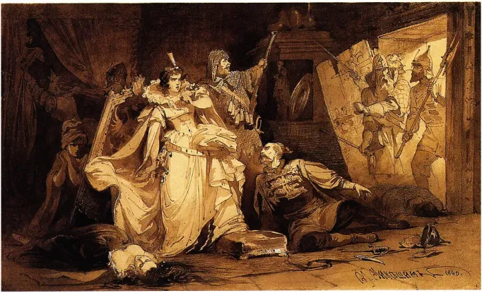 Framed Print : The Arrest of Marina Mniszech, 1860. Artist: Mikeshin, Mikhail Osipovitsch (1835-1896) Framed Print : The Arrest of Marina Mniszech, 1860. Artist: Mikeshin, Mikhail Osipovitsch (1835-1896)