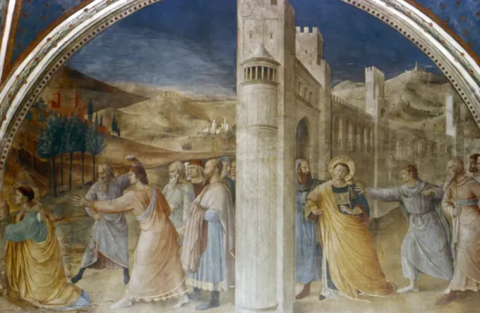 Framed Print : Arrest and Stoning of St Stephen, mid 15th century. Artist: Fra Angelico Framed Print : Arrest and Stoning of St Stephen, mid 15th century. Artist: Fra Angelico