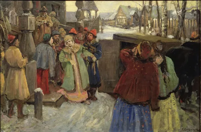 Framed Print : The Arrest of Tsarevna Sophia. Artist: Veshchilov, Konstantin Alexandrovich (1878-1945) Framed Print : The Arrest of Tsarevna Sophia. Artist: Veshchilov, Konstantin Alexandrovich (1878-1945)