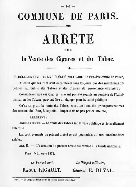 Arrete sur la Vente des Cigares et du Tabac, from French Political posters of the Paris Commune