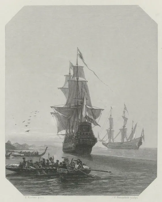 Framed Print : Arrival of Abel Tasman in New Zealand, 1642-1643, ca 1865. Artist: Rennefeld, Johannes Heinrich Maria Hubert (1832-1877) Framed Print : Arrival of Abel Tasman in New Zealand, 1642-1643, ca 1865. Artist: Rennefeld, Johannes Heinrich Maria Hubert (1832-1877)