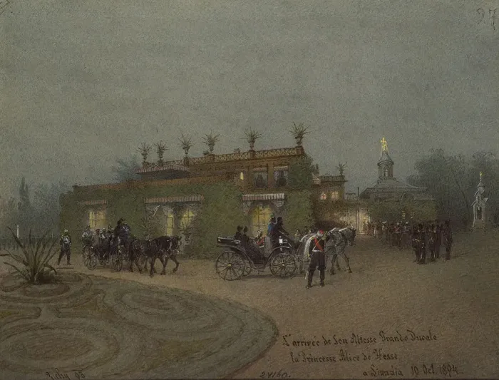 Framed Print : Arrival of Alice, Princess of Hesse, to Livadia on 10 October 1894, 1895. Artist: Zichy, Mihaly (1827-1906) Framed Print : Arrival of Alice, Princess of Hesse, to Livadia on 10 October 1894, 1895. Artist: Zichy, Mihaly (1827-1906)