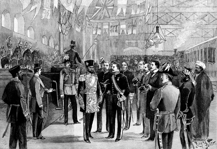 Framed Print : Arrival of the Ameer's son in London: the scene at Victoria Station, 1895. Creator: P Naumann. Arrival of the Ameer's son in London: the scene at Victoria Station, 1895 Framed Print : Arrival of the Ameer's son in London: the scene at Victoria Station, 1895. Creator: P Naumann. Arrival of the Ameer's son in London: the scene at Victoria Station, 1895