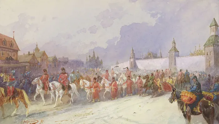 Framed Print : The Arrival of the Captured Kuchum's Family in Moscow, 1599, 19th century. Creator: Nikolay Nikolaevich Karazin Framed Print : The Arrival of the Captured Kuchum's Family in Moscow, 1599, 19th century. Creator: Nikolay Nikolaevich Karazin