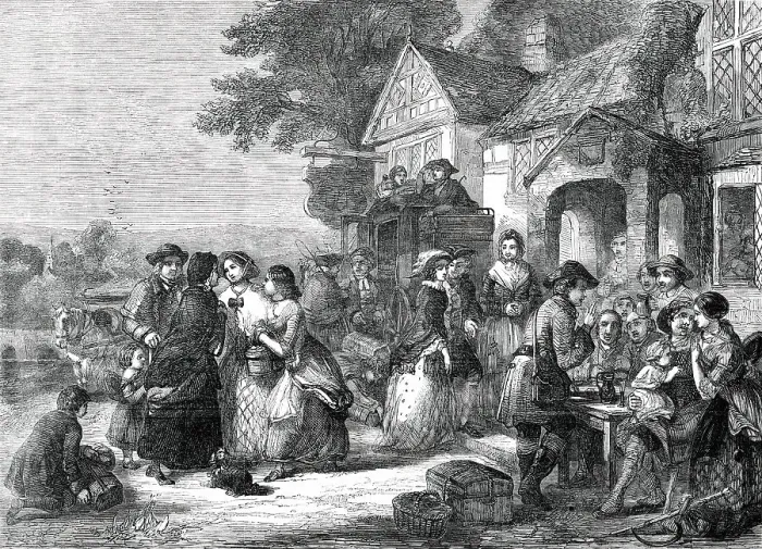 Framed Print : The Arrival of the Coach - a Roadside Inn a Century Ago - painted by T. F. Marshall, 1850. Creator: Unknown Framed Print : The Arrival of the Coach - a Roadside Inn a Century Ago - painted by T. F. Marshall, 1850. Creator: Unknown