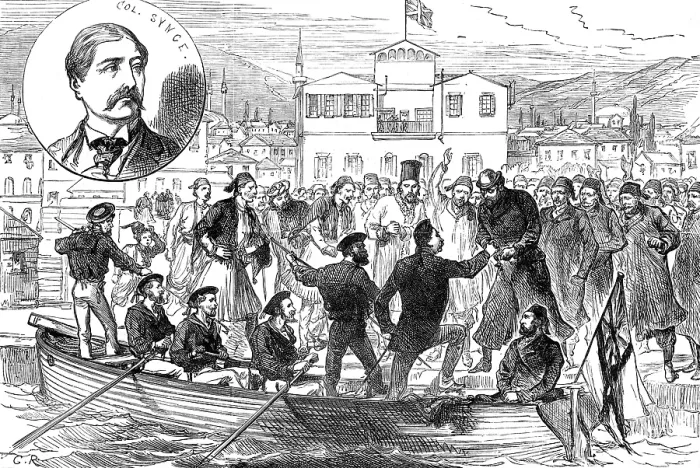 Framed Print : Arrival of Colonel Synge at Salonica after his release by the brigands, 1880. Creator: Unknown Framed Print : Arrival of Colonel Synge at Salonica after his release by the brigands, 1880. Creator: Unknown