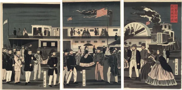 Framed Print : Arrival and Departure of an American Steamship (Amerikakoku jokisha orai), 1861 Framed Print : Arrival and Departure of an American Steamship (Amerikakoku jokisha orai), 1861