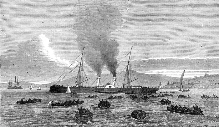 Framed Print : Arrival of despatch-boat at Lisbon with news of the Ashantee War, 1874. Creator: Unknown Framed Print : Arrival of despatch-boat at Lisbon with news of the Ashantee War, 1874. Creator: Unknown