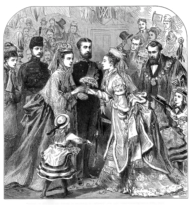 Framed Print : Arrival of the Duke and Duchess of Edinburgh at Gravesend:presenting a bouquet to the bride, 1874 Creator: Unknown Framed Print : Arrival of the Duke and Duchess of Edinburgh at Gravesend:presenting a bouquet to the bride, 1874 Creator: Unknown