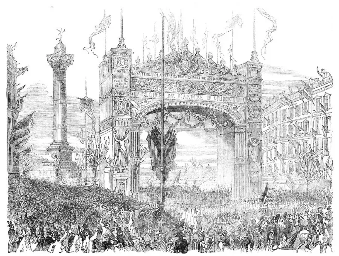 Framed Print : Arrival of the French Crimean Troops at the Place de la Bastille, Paris, 1856. Creator: Unknown Framed Print : Arrival of the French Crimean Troops at the Place de la Bastille, Paris, 1856. Creator: Unknown