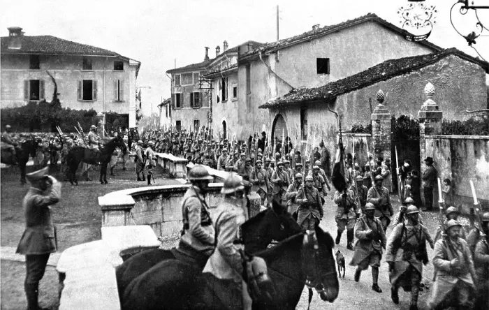 Framed Print : Arrival of French troops in Italy; On entering the village where they are posted.. 1917 Creator: Unknown Framed Print : Arrival of French troops in Italy; On entering the village where they are posted.. 1917 Creator: Unknown