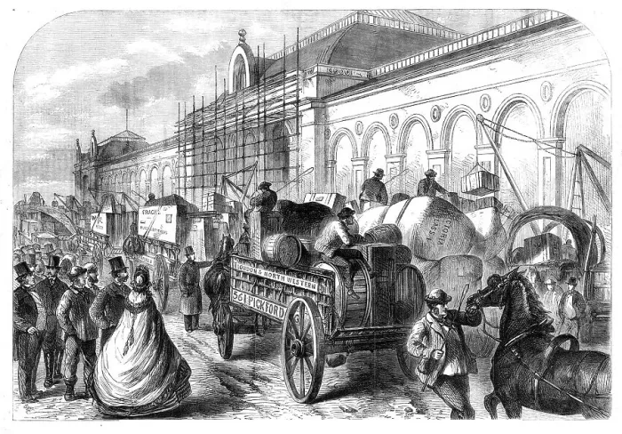 Framed Print : Arrival of goods at the International Exhibition Building: a scene in Cromwell-Road, 1862. Creator: Unknown Framed Print : Arrival of goods at the International Exhibition Building: a scene in Cromwell-Road, 1862. Creator: Unknown