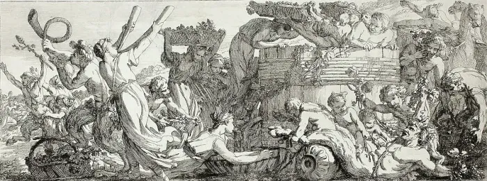Framed Print : Arrival at the Grape Press, plate four of four from Le Travaux de la Vendange, 1750. Creator: Joseph-Marie Vien the Elder Framed Print : Arrival at the Grape Press, plate four of four from Le Travaux de la Vendange, 1750. Creator: Joseph-Marie Vien the Elder