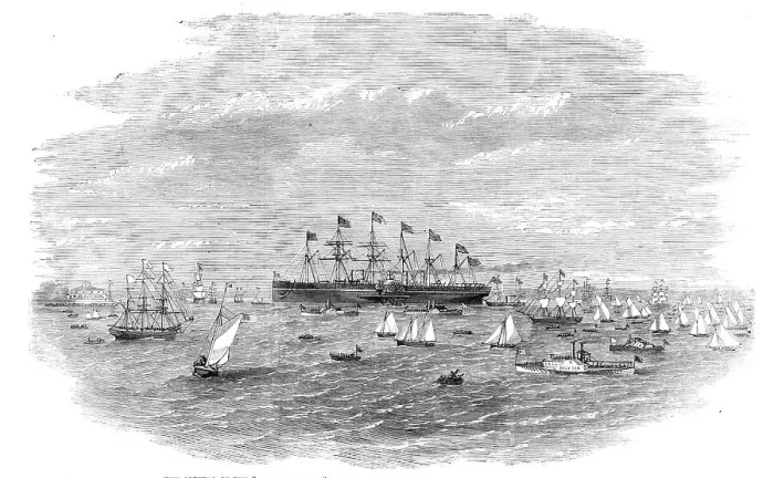 Framed Print : The Arrival of the Great Eastern at New York - from a sketch taken on the Jersey side by E. Hall, Creator: Unknown. The Arrival of the Great Eastern at New York - from a sketch taken on the Jersey side by E. Hall, Creator: Unknown Framed Print : The Arrival of the Great Eastern at New York - from a sketch taken on the Jersey side by E. Hall, Creator: Unknown. The Arrival of the Great Eastern at New York - from a sketch taken on the Jersey side by E. Hall, Creator: Unknown