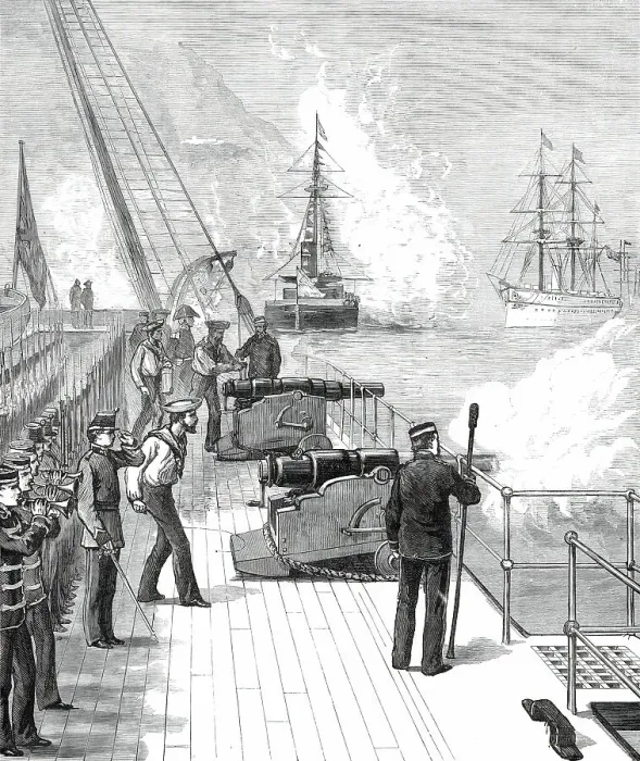 Framed Print : Arrival of H.M.S. Serapis with the Prince of Wales at Gibraltar: H.M.S. Swiftsure...1876. Creator: Unknown Framed Print : Arrival of H.M.S. Serapis with the Prince of Wales at Gibraltar: H.M.S. Swiftsure...1876. Creator: Unknown