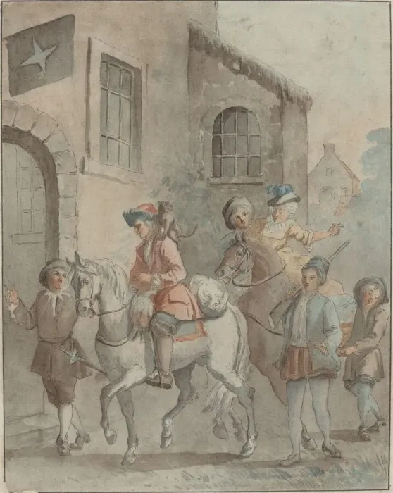 Framed Print : Arrival at an Inn, 18th century. Creator: Unknown Framed Print : Arrival at an Inn, 18th century. Creator: Unknown