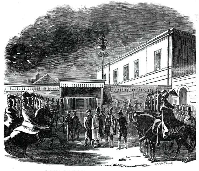 Framed Print : Arrival of the King of the French during the fire, 1844. Creator: Ebenezer Landells Framed Print : Arrival of the King of the French during the fire, 1844. Creator: Ebenezer Landells
