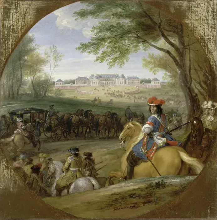 Framed Print : Arrival of Louis XIV preceded by his guardsmen at the old palace of Versailles, 1669. Creator: Meulen, Adam Frans, van der (1632-1690) Framed Print : Arrival of Louis XIV preceded by his guardsmen at the old palace of Versailles, 1669. Creator: Meulen, Adam Frans, van der (1632-1690)