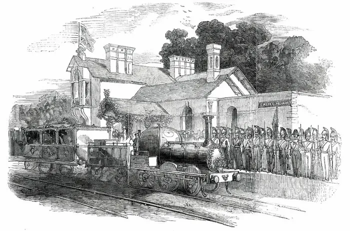 Framed Print : Arrival of Her Majesty at the Castle Howard Railway Station, 1850. Creator: Unknown Framed Print : Arrival of Her Majesty at the Castle Howard Railway Station, 1850. Creator: Unknown