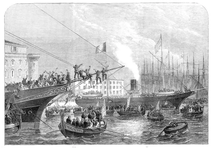 Framed Print : Arrival at the military port, Naples, of the Emperor and the Melazzzo with British volunteers... Creator: Unknown. Arrival at the military port, Naples, of the Emperor and the Melazzzo with British volunteers Framed Print : Arrival at the military port, Naples, of the Emperor and the Melazzzo with British volunteers... Creator: Unknown. Arrival at the military port, Naples, of the Emperor and the Melazzzo with British volunteers
