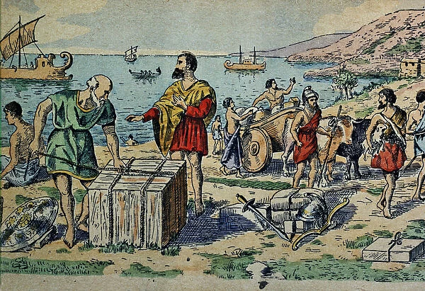 Arrival of the Phoenicians to the coast of the Iberian Peninsula, drawing, 1900