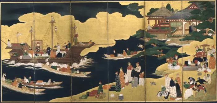 Framed Print : Arrival of a Portuguese ship. Nanban screen, ca. 1600. Artist: Anonymous Framed Print : Arrival of a Portuguese ship. Nanban screen, ca. 1600. Artist: Anonymous