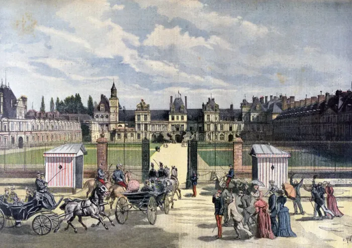 Framed Print : Arrival of the president of the Republique, Chateau de Fontainebleau, 1892. Artist: Henri Meyer Framed Print : Arrival of the president of the Republique, Chateau de Fontainebleau, 1892. Artist: Henri Meyer