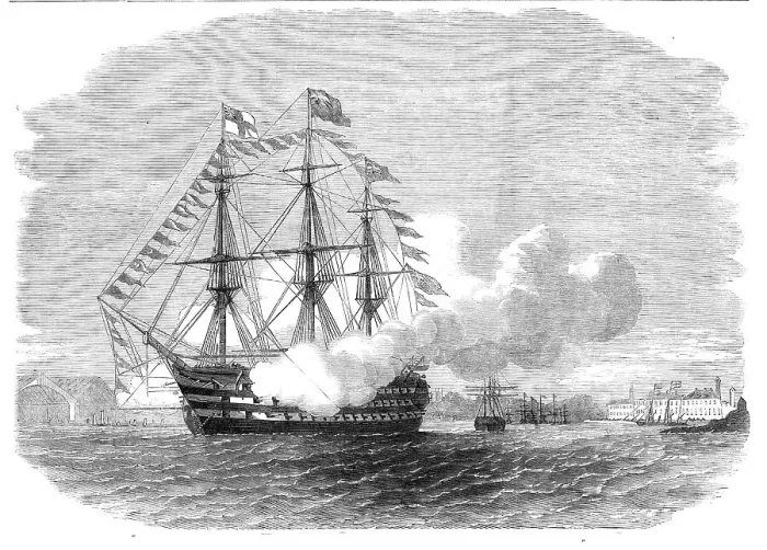 Framed Print : The arrival of the Prince of Wales in Plymouth Harbour - H.M.S. Impregnable firing a salute, 1860. Creator: Unknown. The arrival of the Prince of Wales in Plymouth Harbour - H.M.S. Impregnable firing a salute, 1860. Creator: Unknown Framed Print : The arrival of the Prince of Wales in Plymouth Harbour - H.M.S. Impregnable firing a salute, 1860. Creator: Unknown. The arrival of the Prince of Wales in Plymouth Harbour - H.M.S. Impregnable firing a salute, 1860. Creator: Unknown