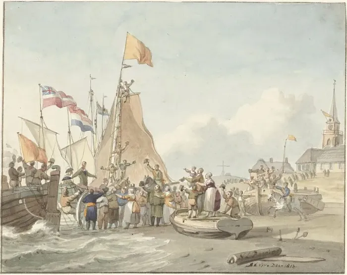Framed Print : Arrival of Prince Willem Frederik in Scheveningen, November 30, 1813, (1813). Creator: Nicolaas Lodewyk Penning Framed Print : Arrival of Prince Willem Frederik in Scheveningen, November 30, 1813, (1813). Creator: Nicolaas Lodewyk Penning