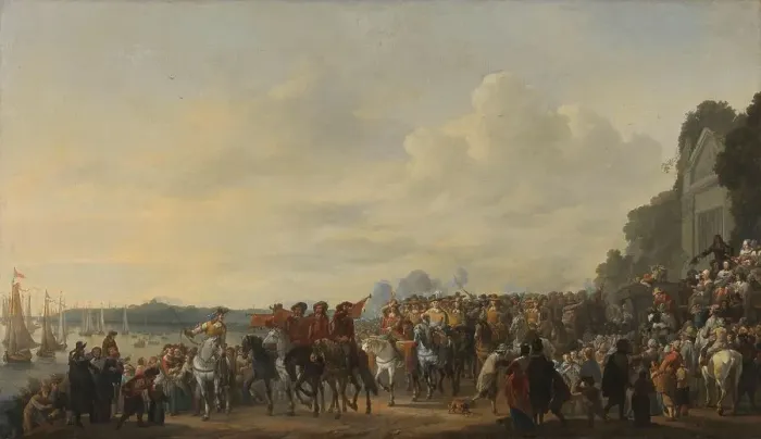 Framed Print : Arrival of Prince William II at the Estate Welna on the Amstel during the Attack on Amsterdam, July Creator: Johannes Lingelbach Framed Print : Arrival of Prince William II at the Estate Welna on the Amstel during the Attack on Amsterdam, July Creator: Johannes Lingelbach