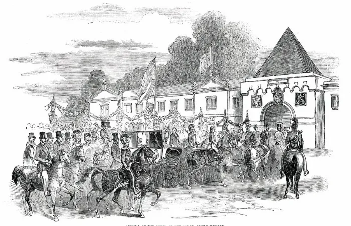 Framed Print : Arrival of the Queen at the Lodge, Castle Howard, 1850. Creator: Unknown Framed Print : Arrival of the Queen at the Lodge, Castle Howard, 1850. Creator: Unknown
