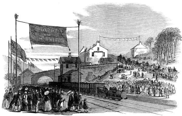 Framed Print : Arrival by rail of the Constable of Cheshire, to Mottram Station in April of 1855 Framed Print : Arrival by rail of the Constable of Cheshire, to Mottram Station in April of 1855