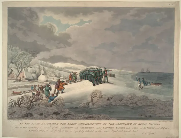 Framed Print : Arrival of the Resolution and Discovery on the east coast of Kamchatka, 1779. Artist: Eckstein Framed Print : Arrival of the Resolution and Discovery on the east coast of Kamchatka, 1779. Artist: Eckstein