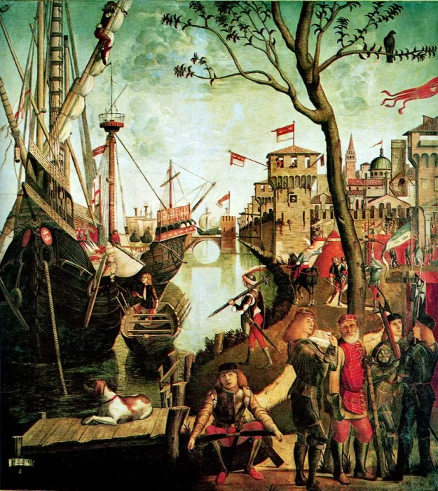 Framed Print : Arrival of Saint Ursula in Cologne During the Siege by the Huns (The Legend of Saint Ursula), 1490. Artist: Carpaccio, Vittore (1460-1526) Framed Print : Arrival of Saint Ursula in Cologne During the Siege by the Huns (The Legend of Saint Ursula), 1490. Artist: Carpaccio, Vittore (1460-1526)